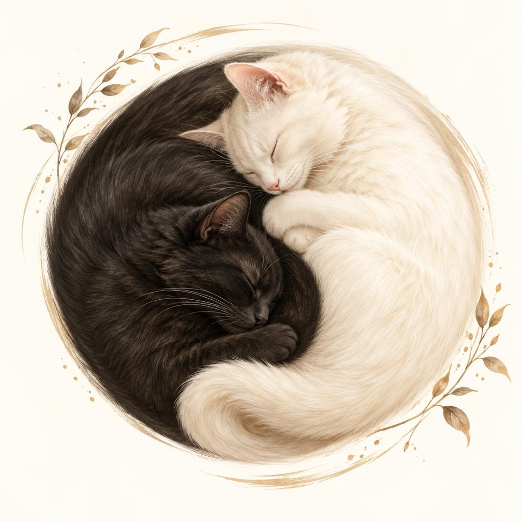 Black and white cats curled together in a yin-yang composition with botanical elements